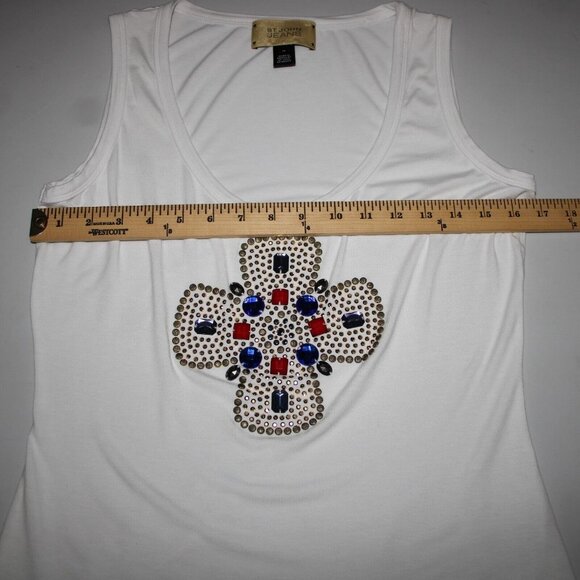 St John Jeans Sz M White Gold Studded Rhinestones Cross Rayon Spandex Tank Top - Picture 10 of 16